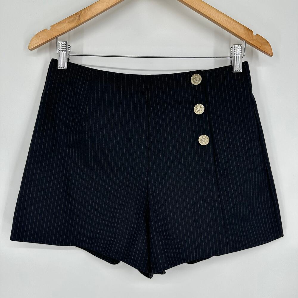 ZARA Pinstripe Shorts Gold Button High Waist Black White NWT - Picture 3 of 7